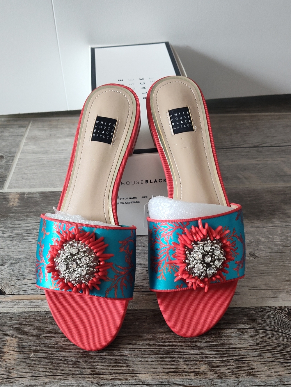 White House Black Market Turquoise & Coral Embellished Slide Mules